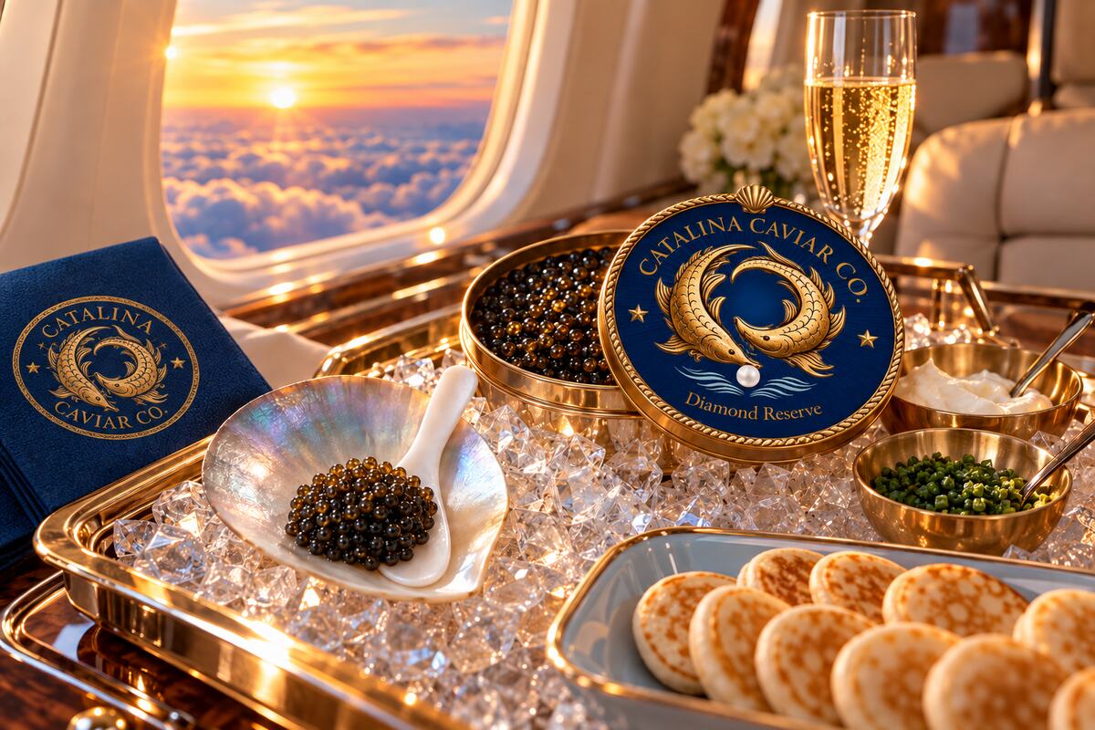 A Catalina Caviar Co. Diamond Reserve tin and a mother-of-pearl shell of caviar on crushed ice aboard a private jet, with champagne, blini, crème fraîche and chives, the sun setting over the clouds outside the cabin window